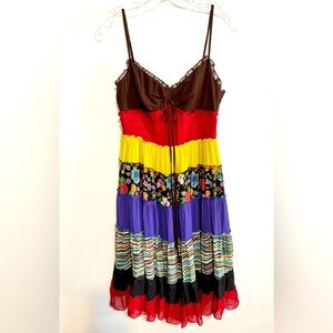 Moda International Silk Ruffle Tiered Multicolor Boho Festival Dress Size 6